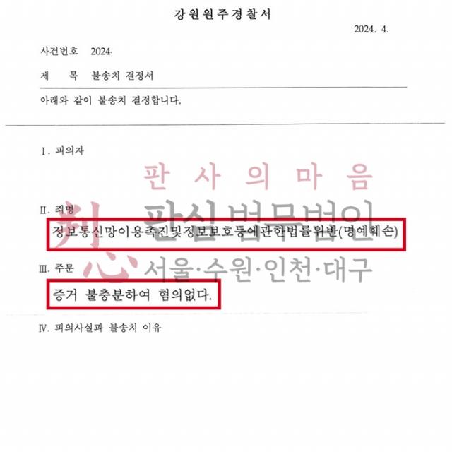 [불송치] 명예훼손 | 공무원 커뮤니티에 진급에 대한 루머를 올려 입건된 사건, 무혐의